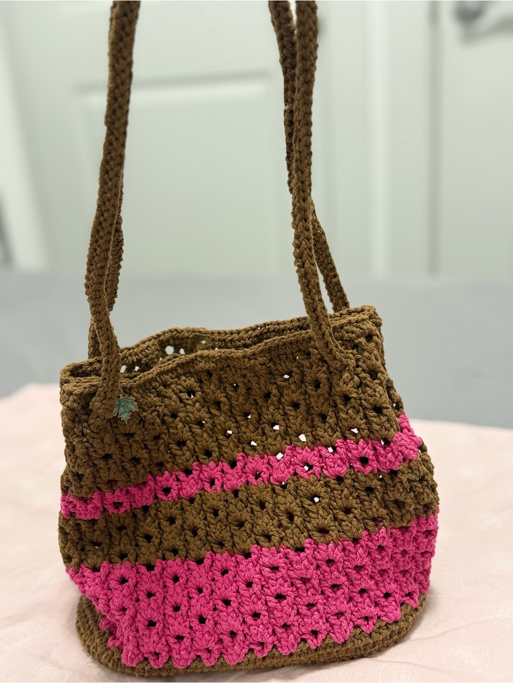 Hand‑Crocheted Brown and Pink Shoulder Bag